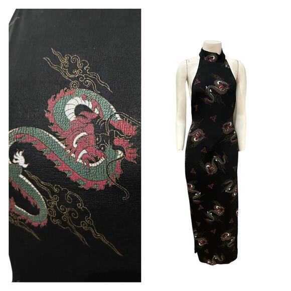 Vintage 1990s Dragon Print Halter Maxi Dress Backless Cheongsam Style - - Picture 1 of 6